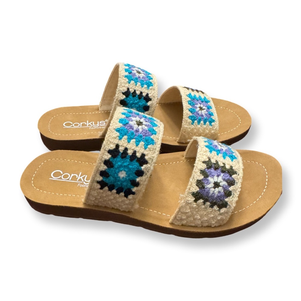 New Corkys Toodles Light Blue Embroidered Sandals